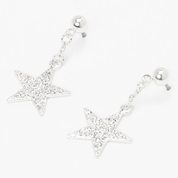 Silver 1&quot; Sandblast Star Drop Earrings,