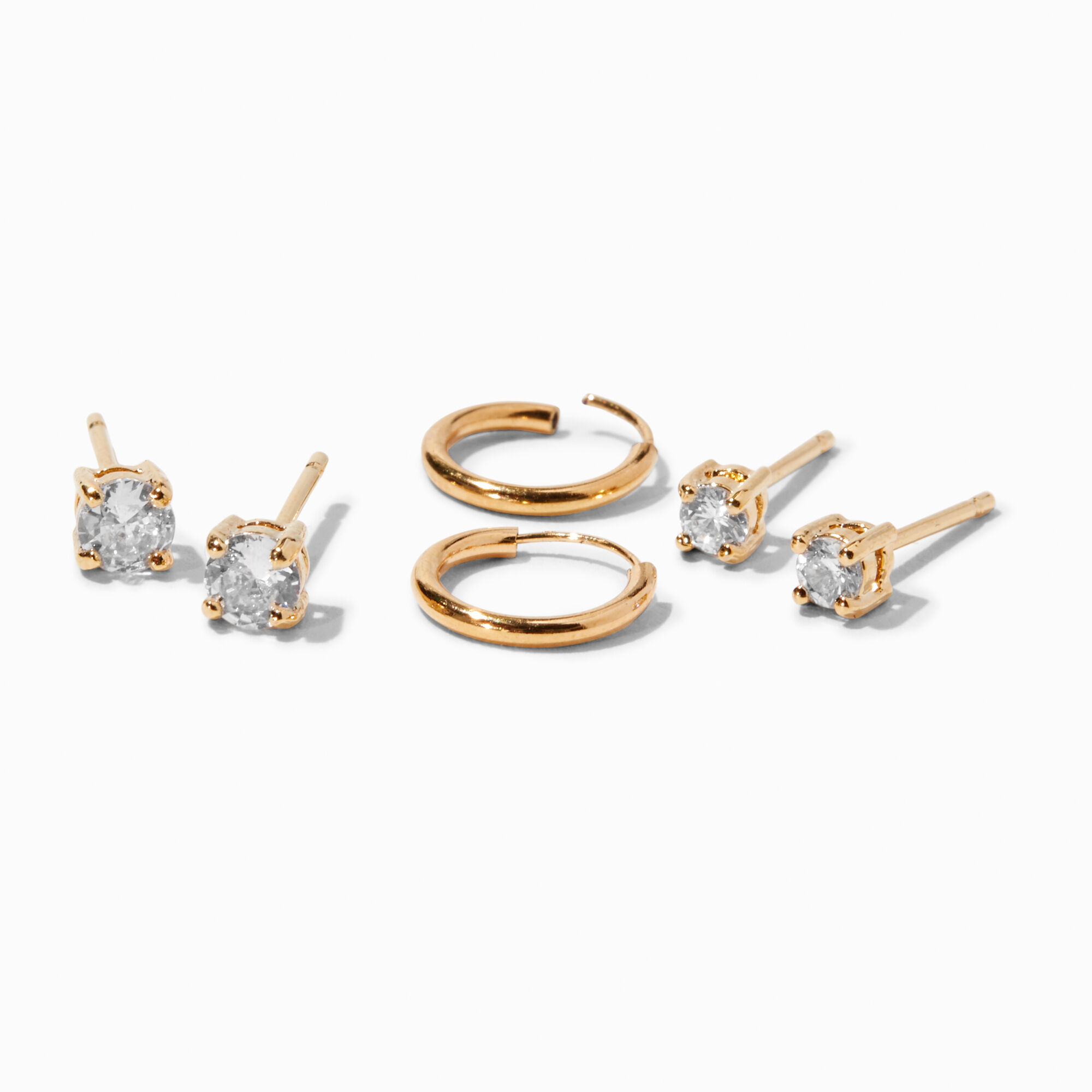 View Claires 18K Plated Cubic Zirconia Stud Hoop Earring Set 3 Pack Gold information