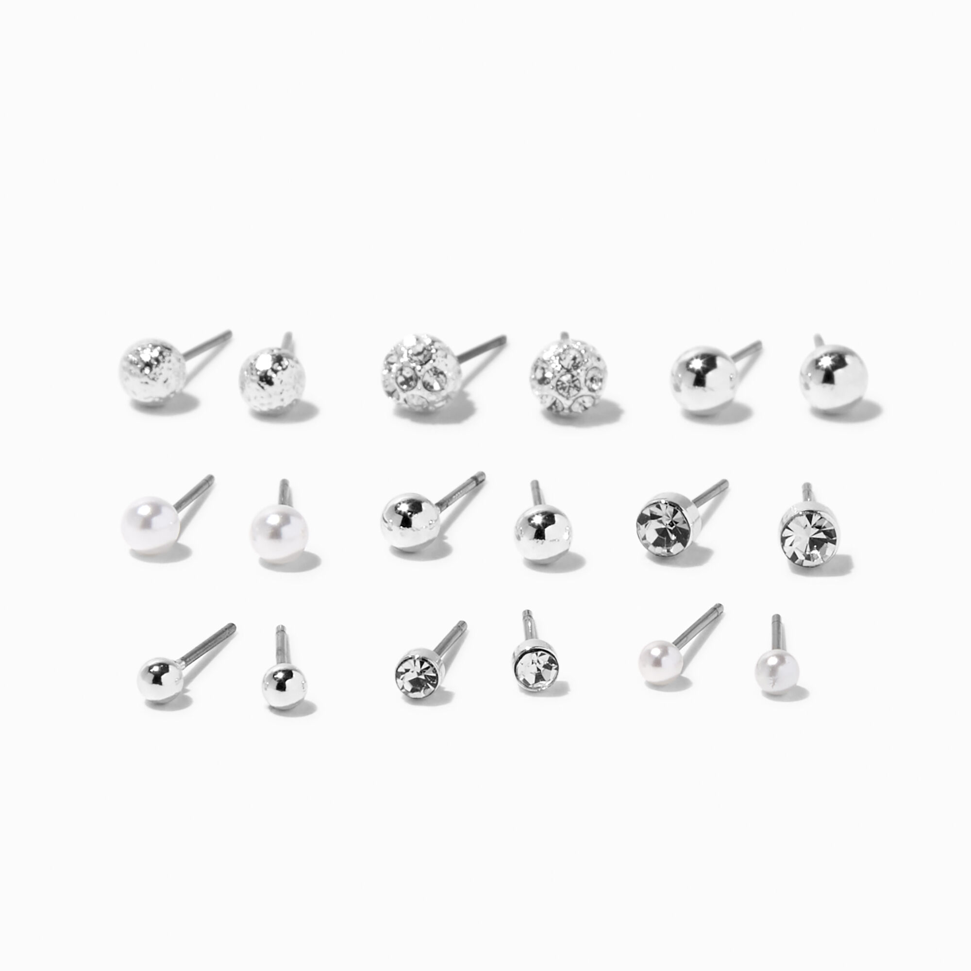 View Claires Tone Pearl Stud Earrings 9 Pack Silver information