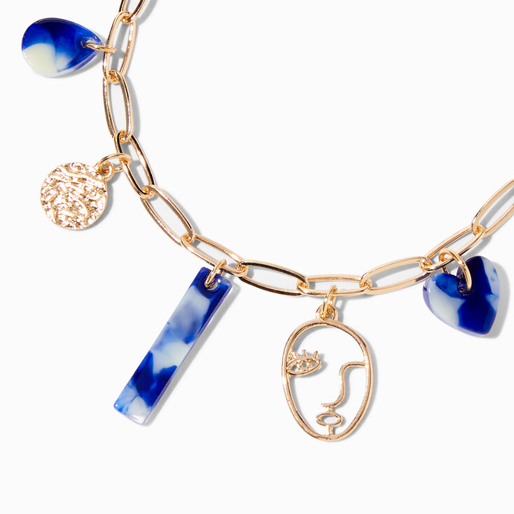 Blue Marble Gold Impressionist Face Charm Bracelet,