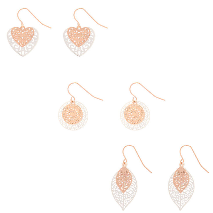 Mixed Metal Filigree Layered Drop Earrings - 3 Pack,