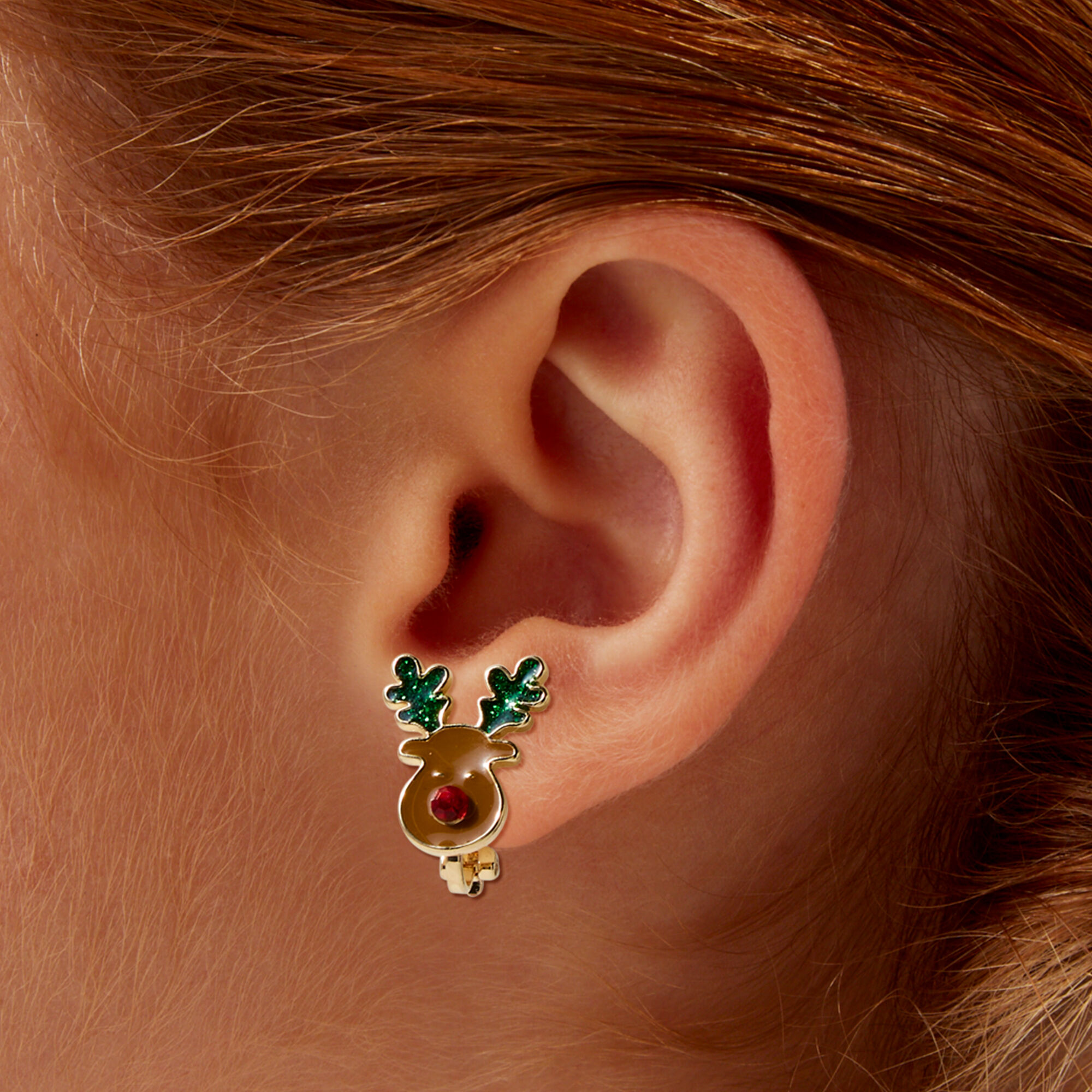 Gemstone Reindeer Clip-On Stud Earrings,
