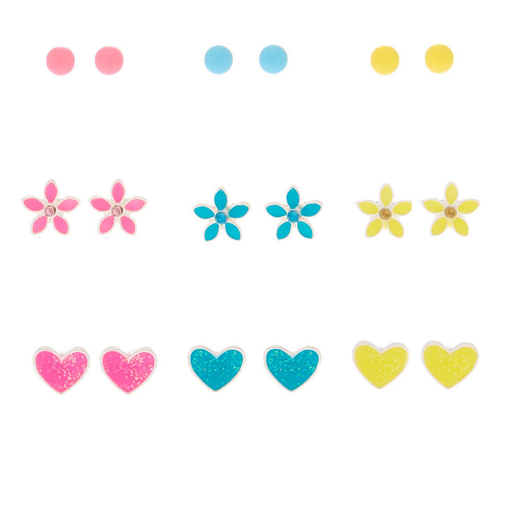 Neon Hearts Stud Earrings - 9 Pack,