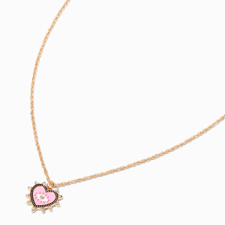 Pink Evil Eye Heart Pendant Gold Necklace,
