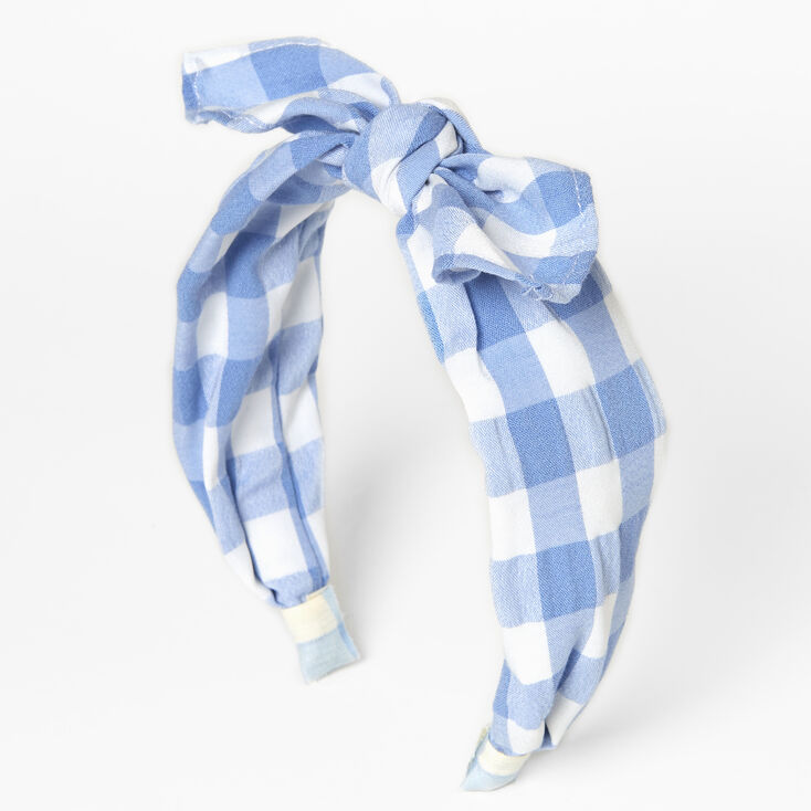 Gingham Knotted Bow Headband - Blue,