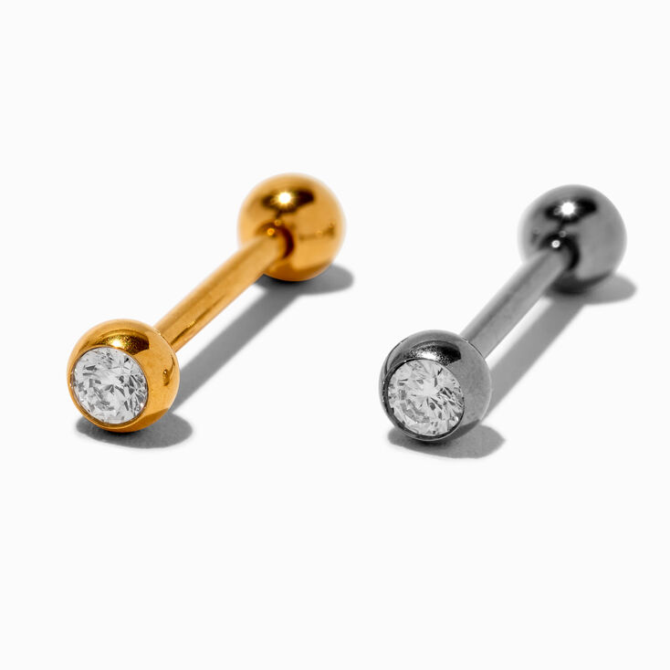 Mixed Metal Titanium Cubic Zirconia 14G Tongue Barbell - 2 Pack,