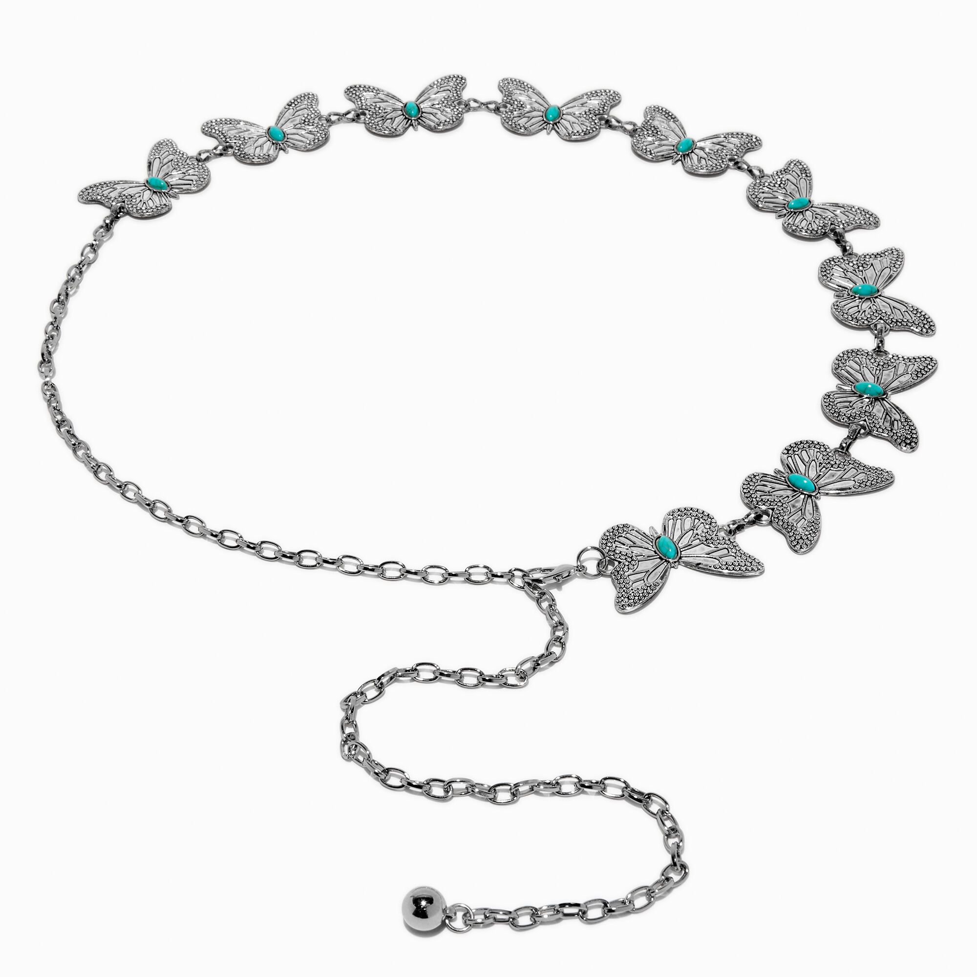 View Claires Silver Butterfly Belt Turquoise information