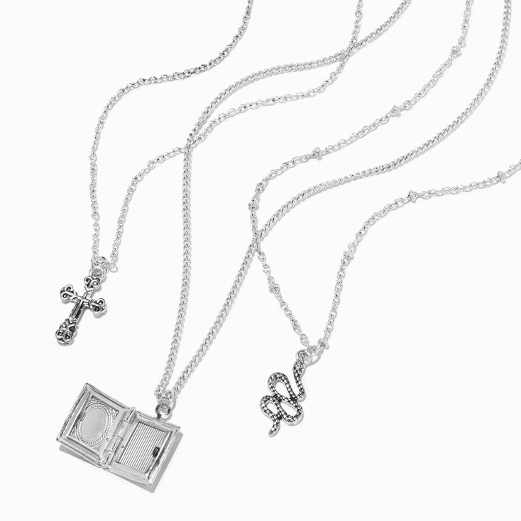 Silver Cross Locket Pendant Necklaces - 3 Pack,