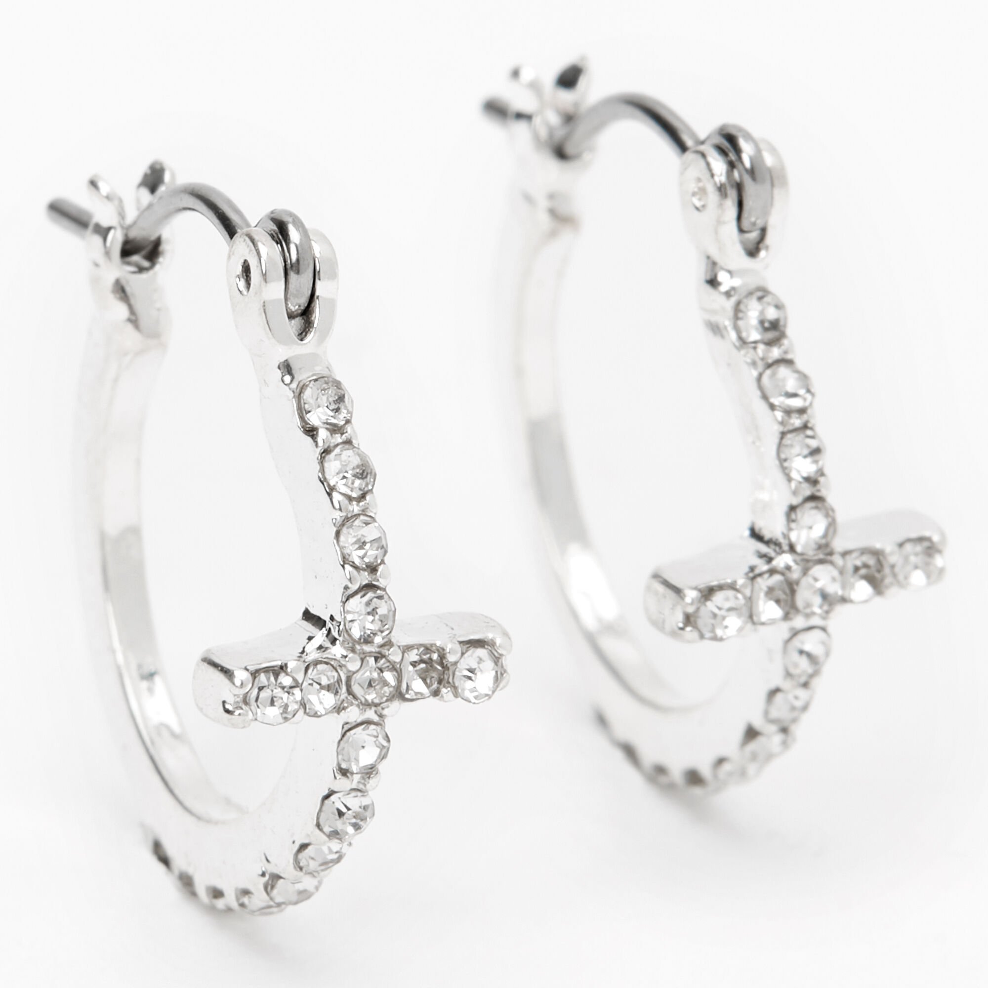 Silver 15MM Embellished Cross Hoop Earrings,