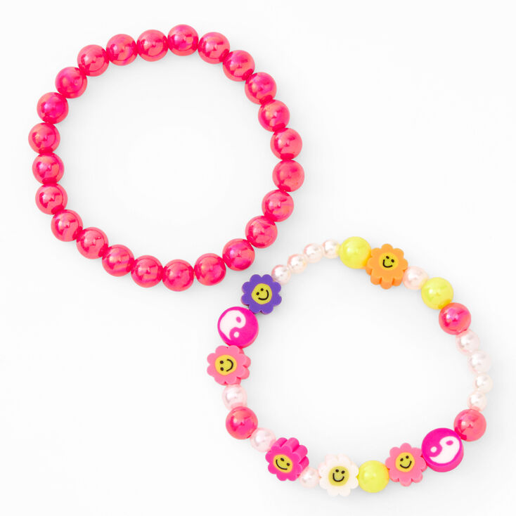Yin Yang Happy Face Beaded Stretch Bracelets - 2 Pack,