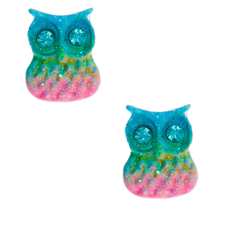 Silver Pastel Rainbow Owl Stud Earrings,