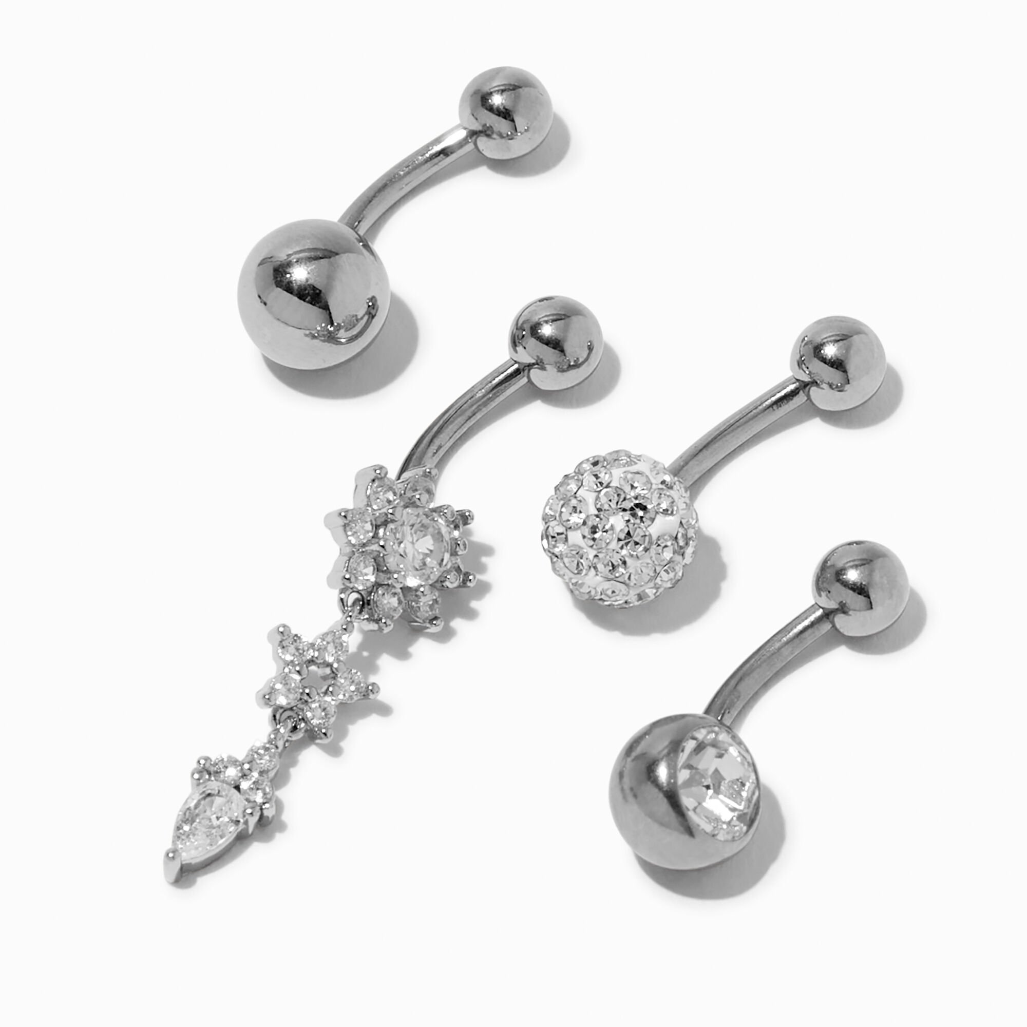 View Claires 14G Fireball Star Belly Rings 4 Pack Silver information
