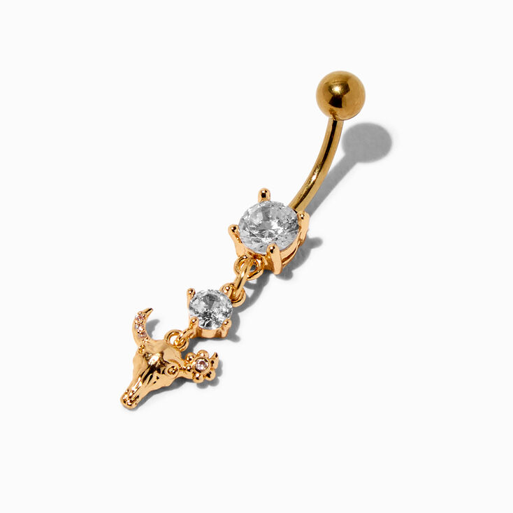 Gold-tone Stainless Steel Cubic Zirconia Longhorn Cow 14G Belly Bar,