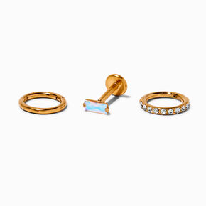 Gold-tone Titanium Iridescent AB Cubic Zirconia 18G Threadless Tragus Earrings - 3 Pack,