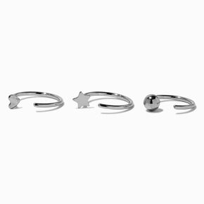 Star, Heart, &amp; Ball 20G Silver-tone Open Hoop Nose Rings - 3 Pack,