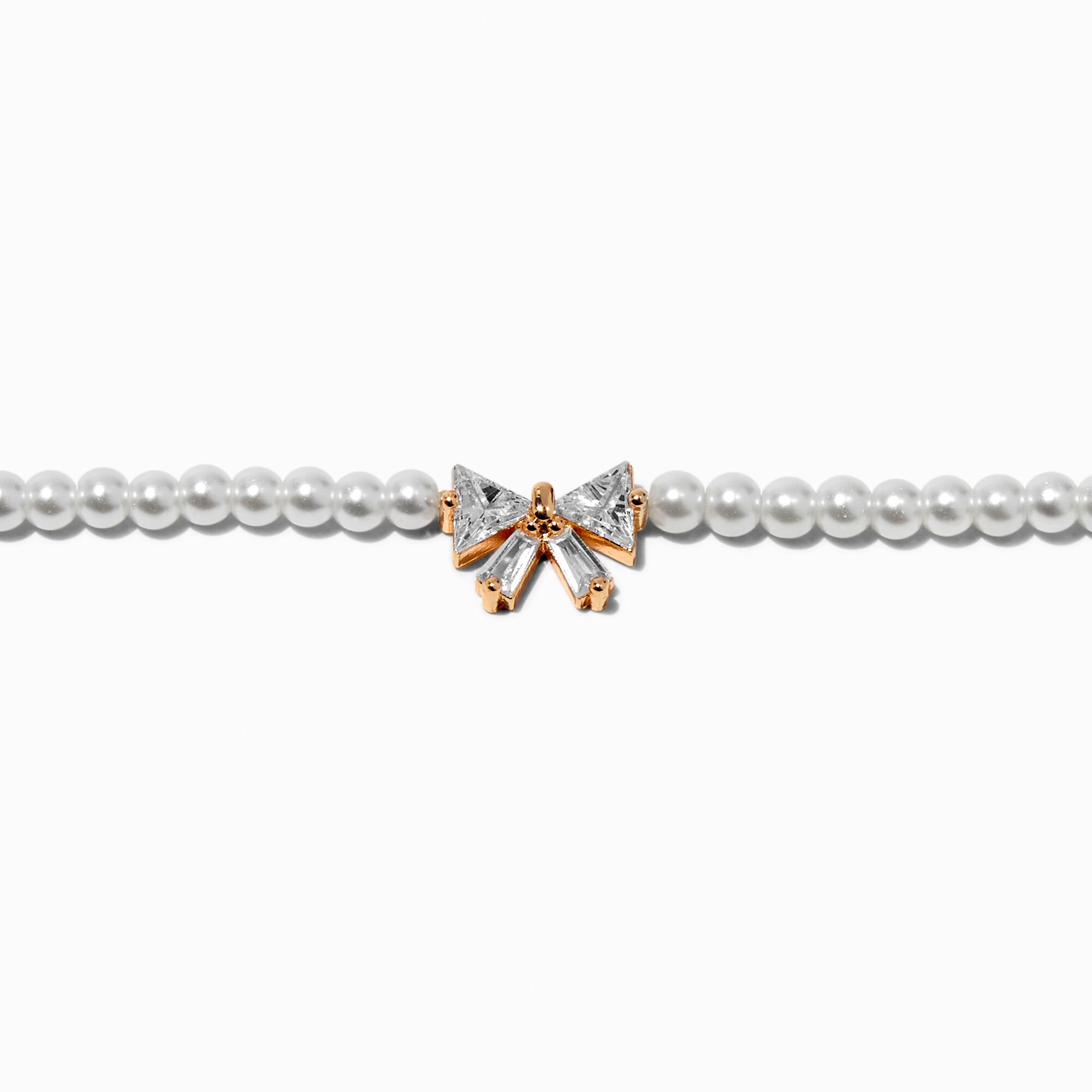 Gold-tone Cubic Zirconia Bow Pearl Choker Necklace ,