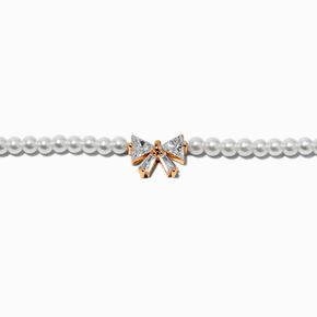 Gold-tone Cubic Zirconia Bow Pearl Choker Necklace ,