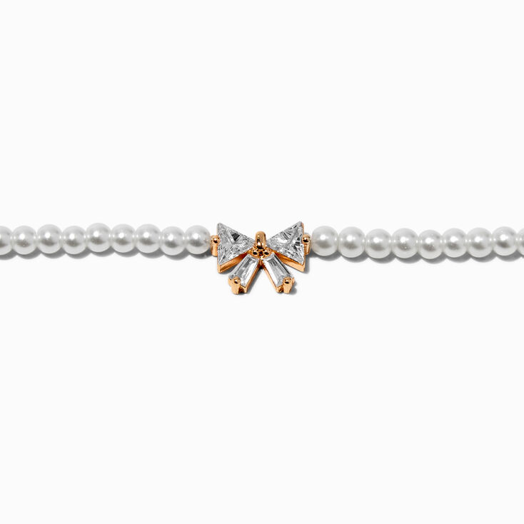 Gold-tone Cubic Zirconia Bow Pearl Choker Necklace ,