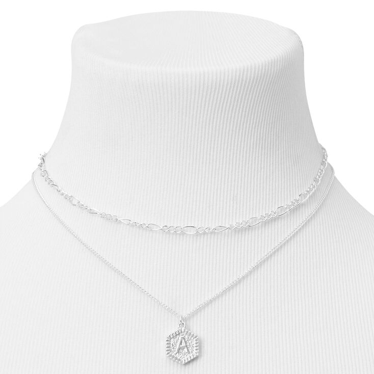 Silver Initial Hexagon Pendant Chain Necklace Set - 2 Pack, A,