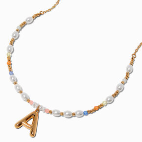 Gold-tone Bubble Initial Pastel Beaded Pendant Necklace - A,