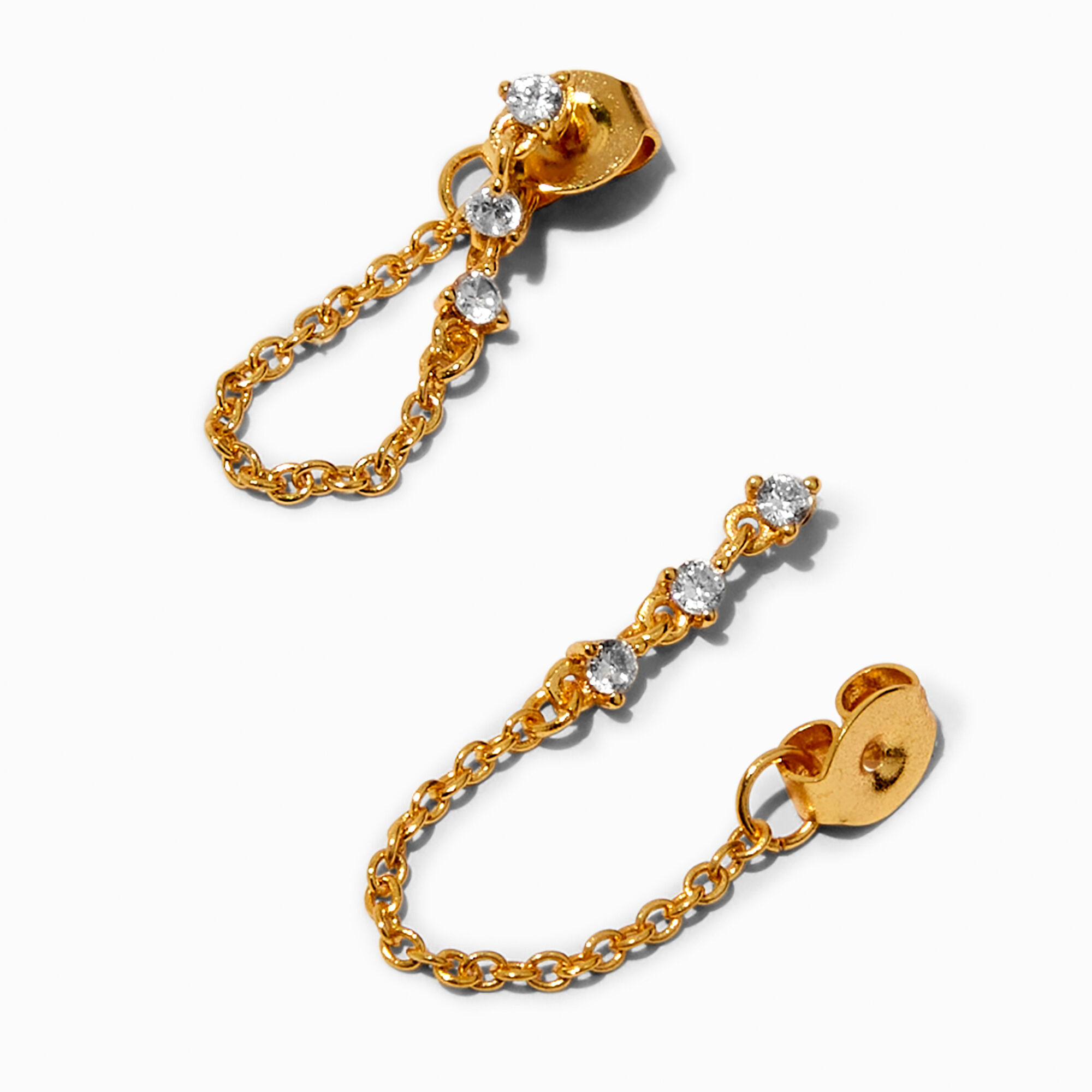 C LUXE by Claire's 18K Yellow Gold Plated Cubic Zirconia Trio Front & Back Chain Stud Earrings,