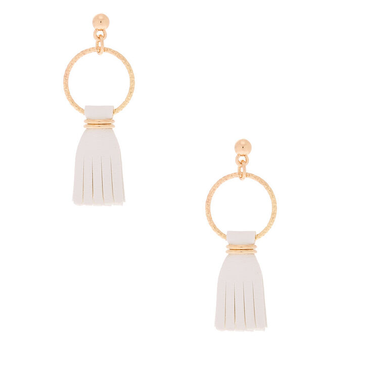 Gold 1.5" Leather Tassel Drop Earrings - White | Claire's US