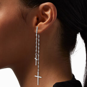 Silver-tone Cross Tinsel Chain Drop Earrings,