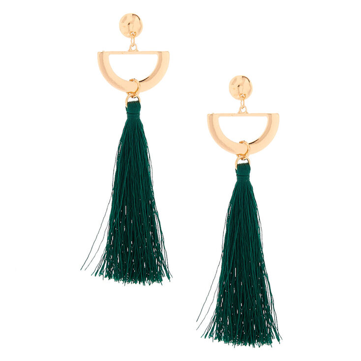 Gold 4&quot; Half Moon Tassel Drop Earrings - Green,