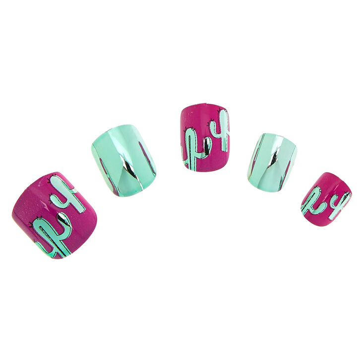 Lot de 24 faux ongles vert menthe m&eacute;tallis&eacute;s motif cactus,