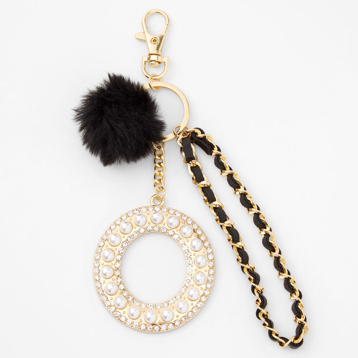 Gold Bling Initial Pom Pom Keyring - Black, O,
