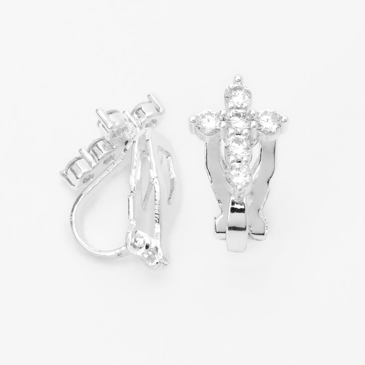 Silver Cubic Zirconia Cross Clip On Earrings,