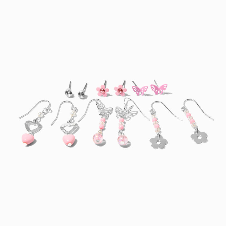 Pink Beaded Flower Earrings Set - 6 Pack ,