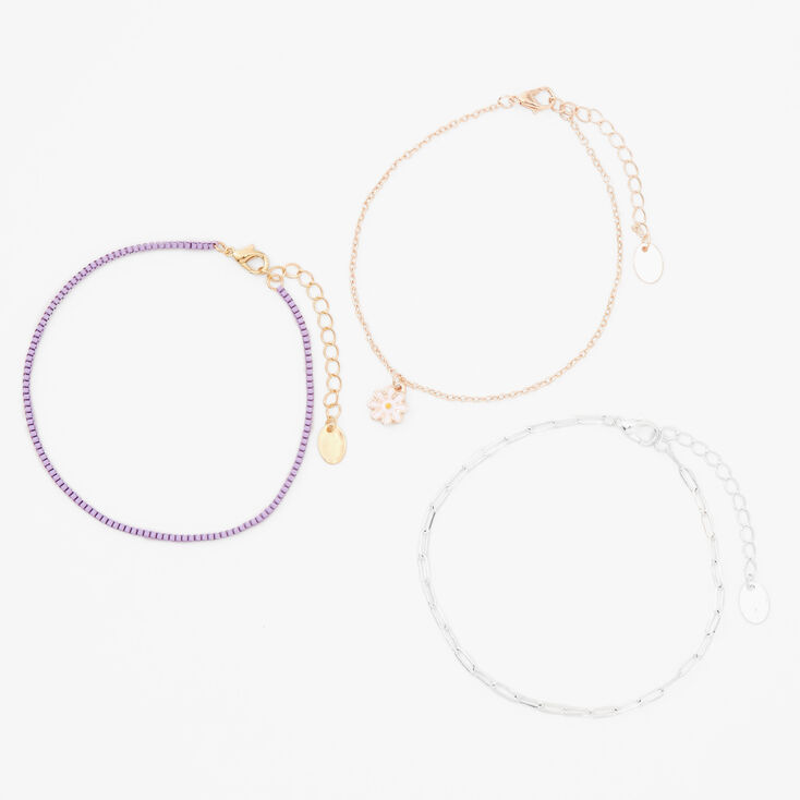 Mixed Metal Daisy &amp; Purple Beaded Chain Anklets - 3 Pack,