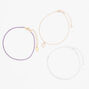 Mixed Metal Daisy &amp; Purple Beaded Chain Anklets - 3 Pack,