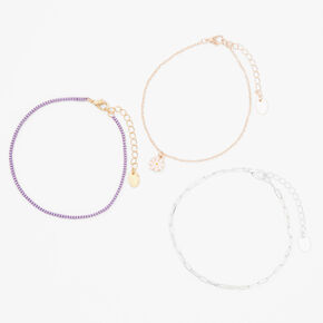 Mixed Metal Daisy &amp; Purple Beaded Chain Anklets - 3 Pack,