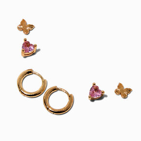 Gold-tone Pink Heart Cubic Zirconia Butterfly Earring Stackables Set - 3 Pack,