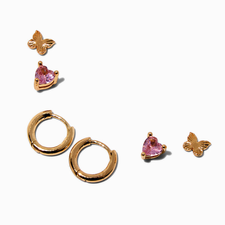Gold-tone Pink Heart Cubic Zirconia Butterfly Earring Stackables Set - 3 Pack,