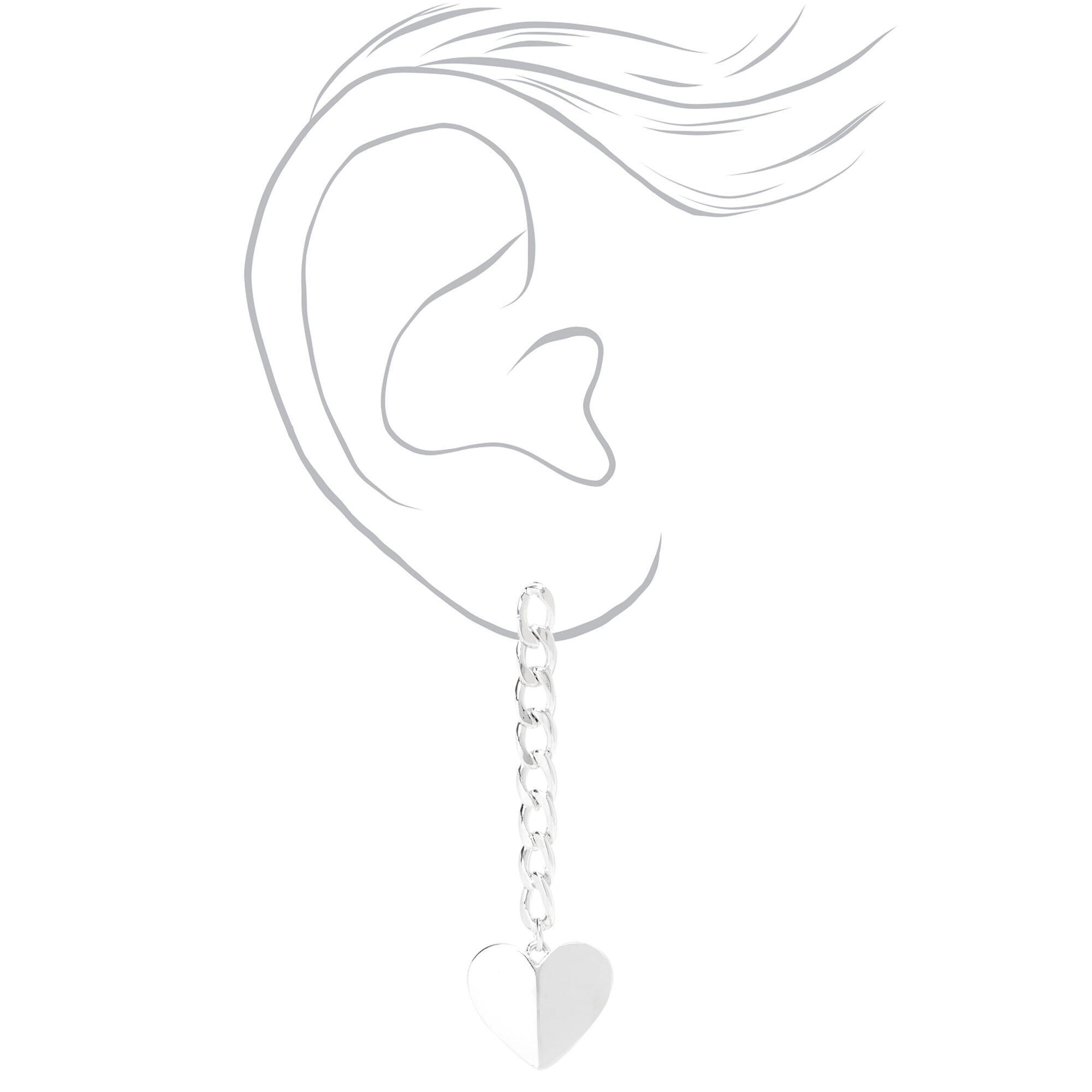 Silver 2" Curb Chain Heart Drop Earrings,