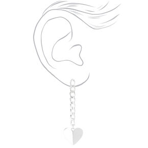Silver 2&quot; Curb Chain Heart Drop Earrings,