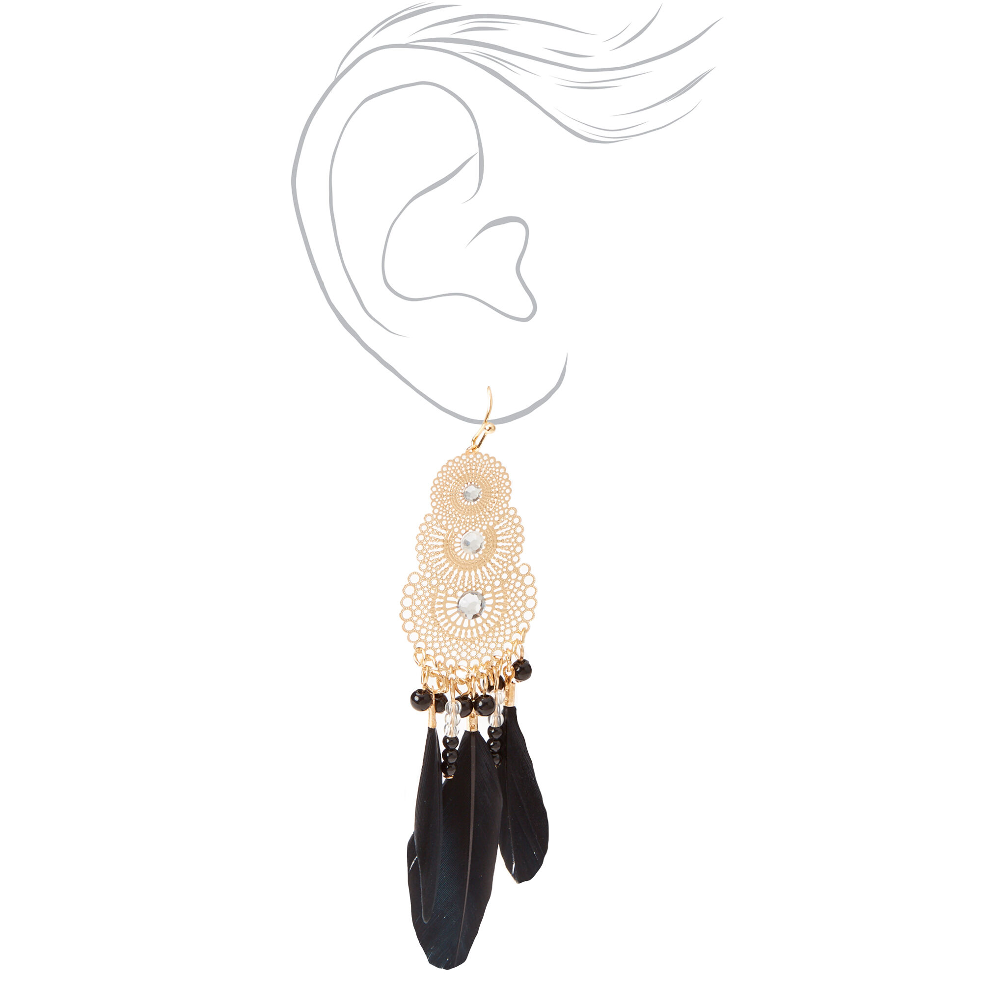 Gold 4" Fancy Filigree Feather Drop Earrings - Black,