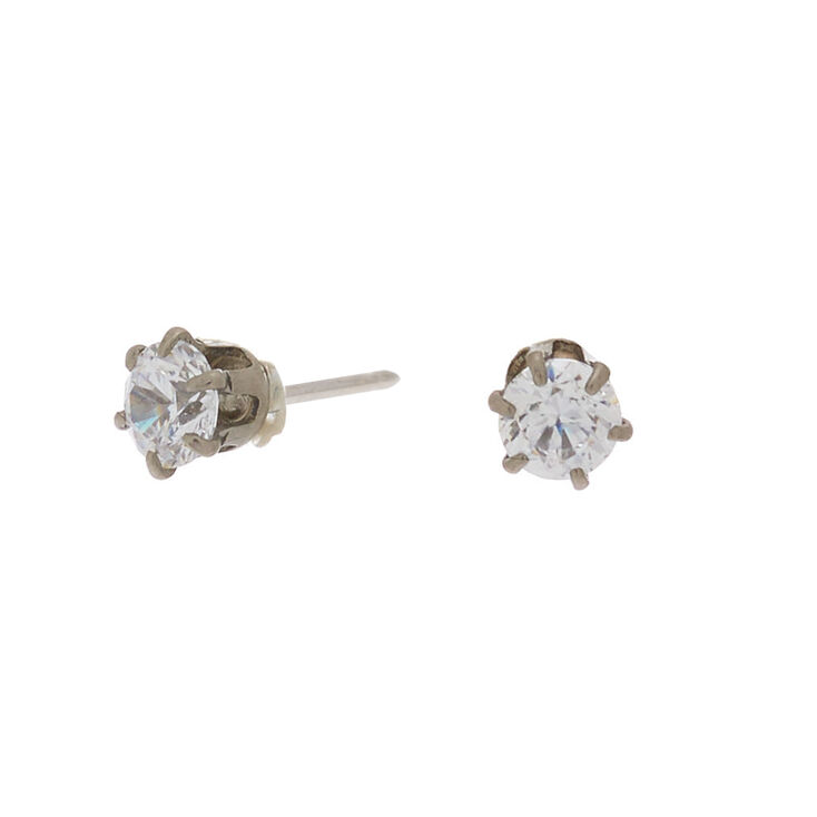 Silver Titanium Cubic Zirconia Round Stud Earrings - 3MM,