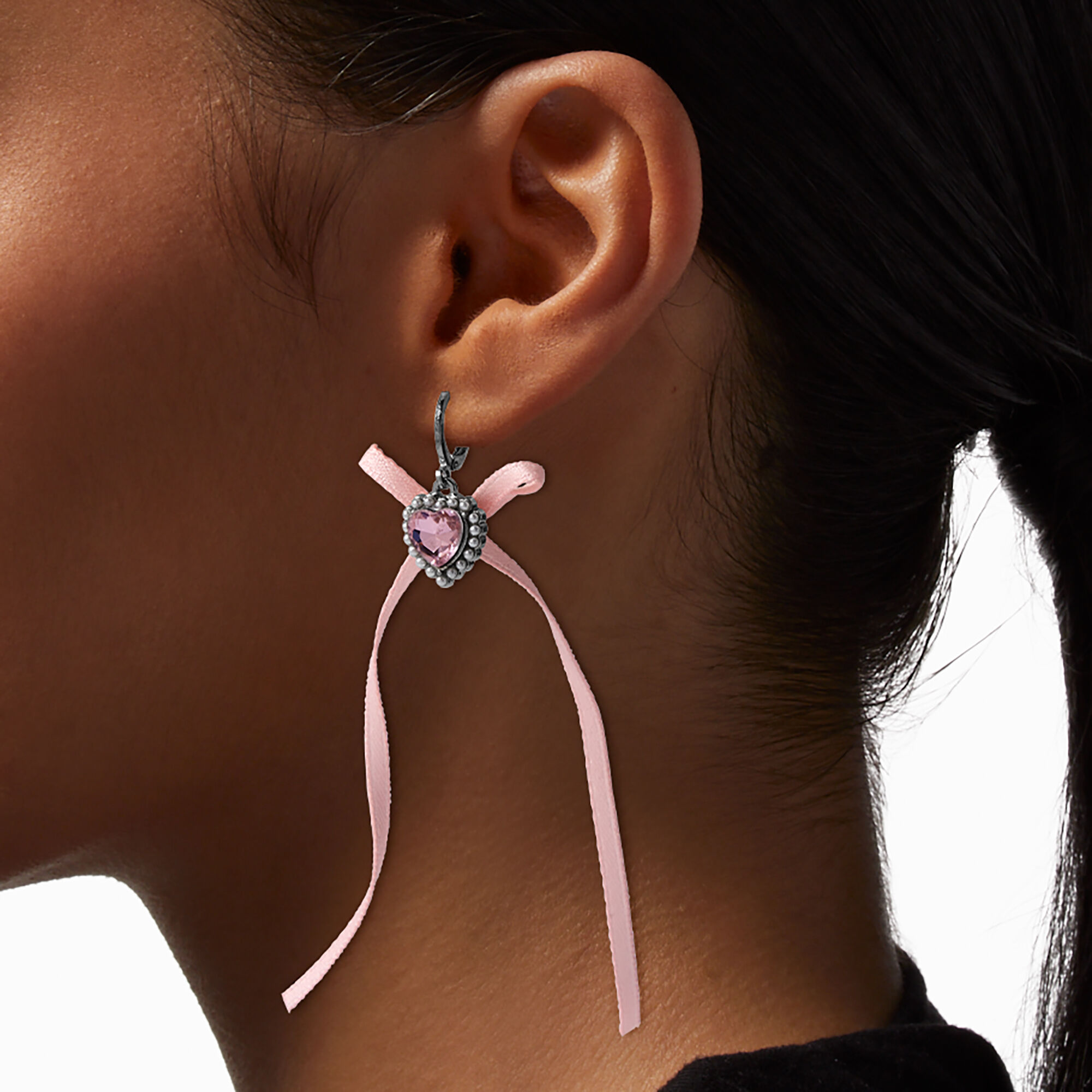 Silver-tone Pink Heart with Fabric Bow Hoop Earrings ,