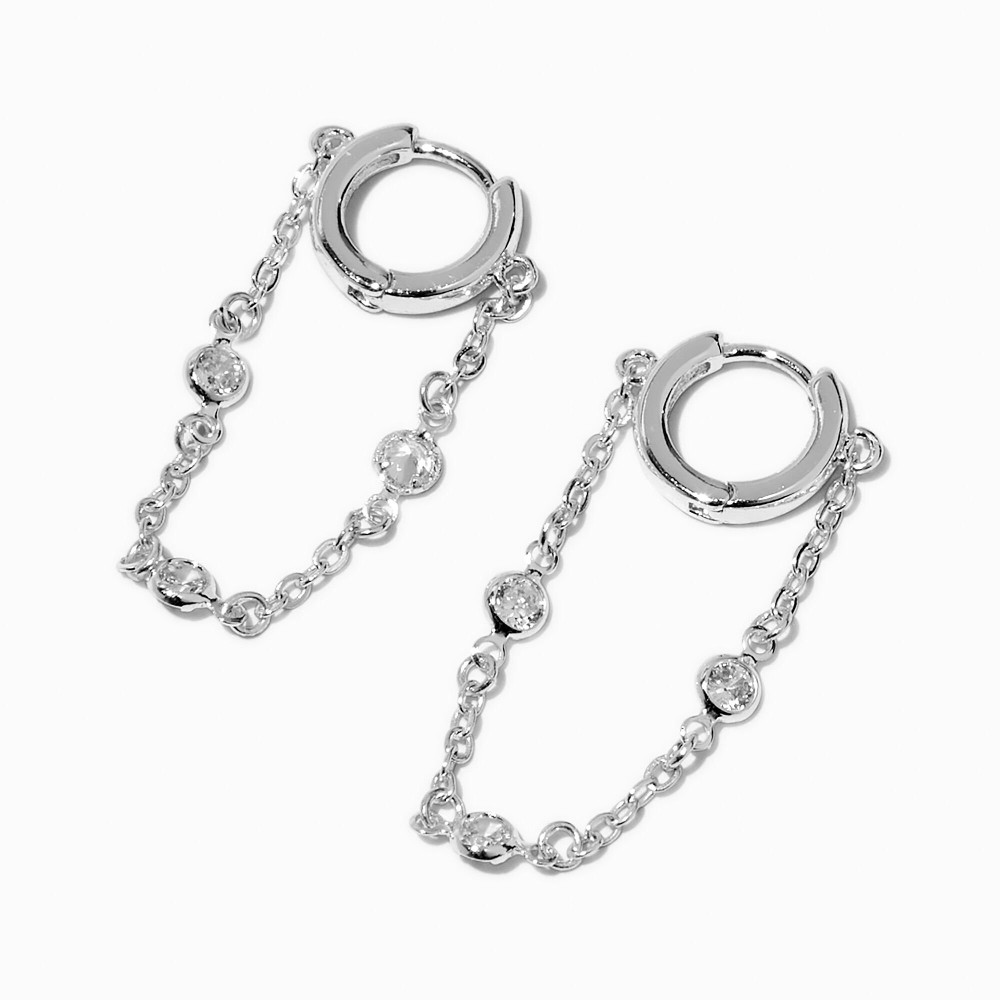 View Claires Cubic Zirconia Stacked Tone Dangle Huggie Hoop Earrings Silver information