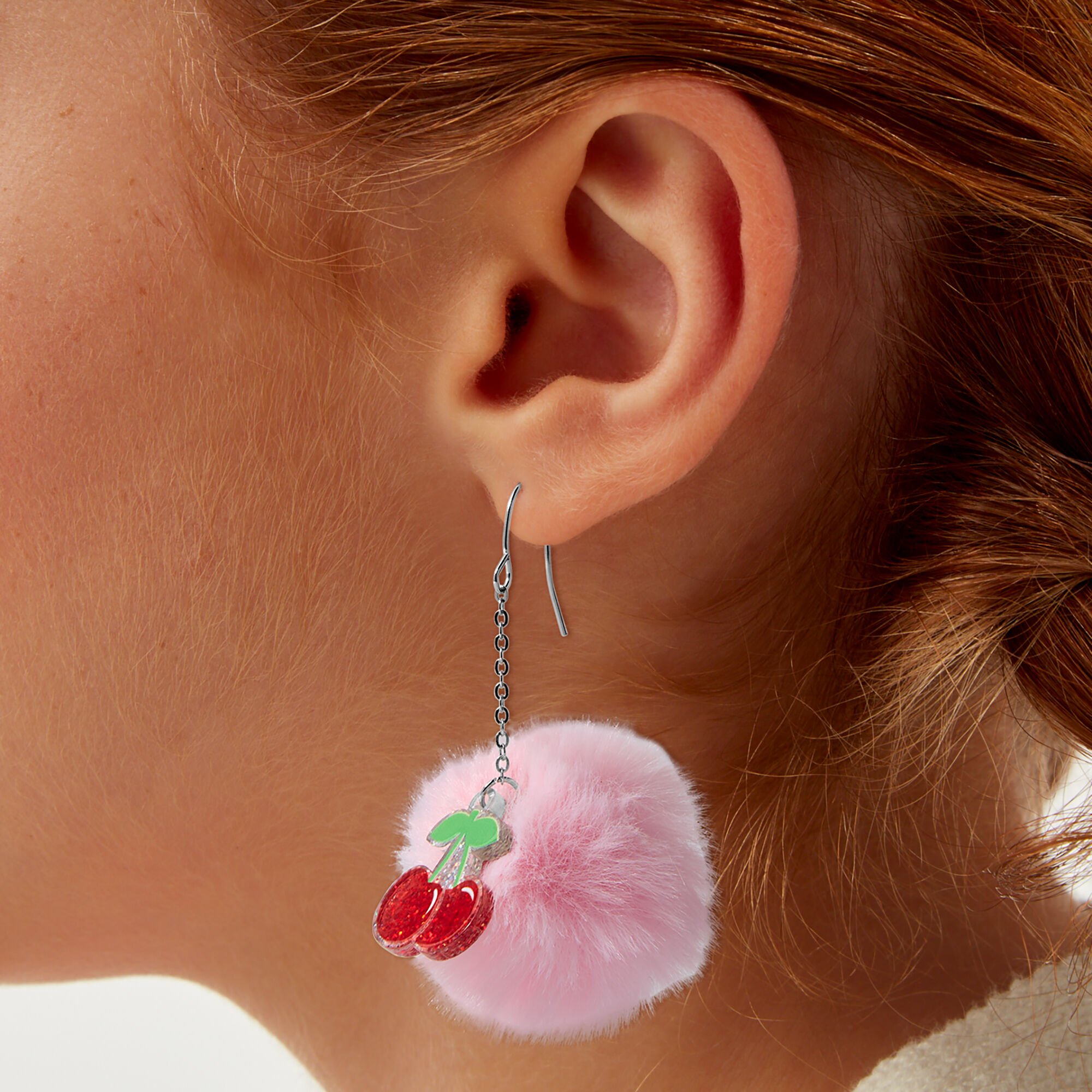 Cherry Pom Pom 2" Drop Earrings,