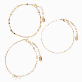 Pearl Charm Gold Mixed Chain Anklets - 3 Pack,