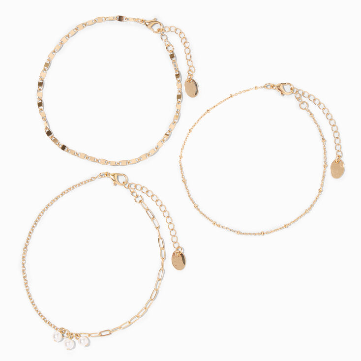 Pearl Charm Gold Mixed Chain Anklets - 3 Pack,