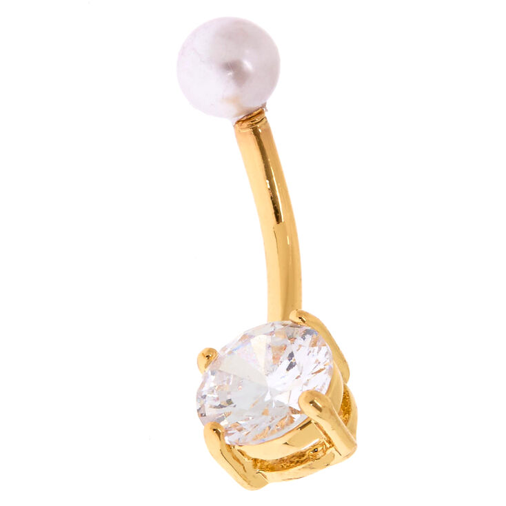 14G Cubic Zirconia Faux Pearl Top Belly Ring,