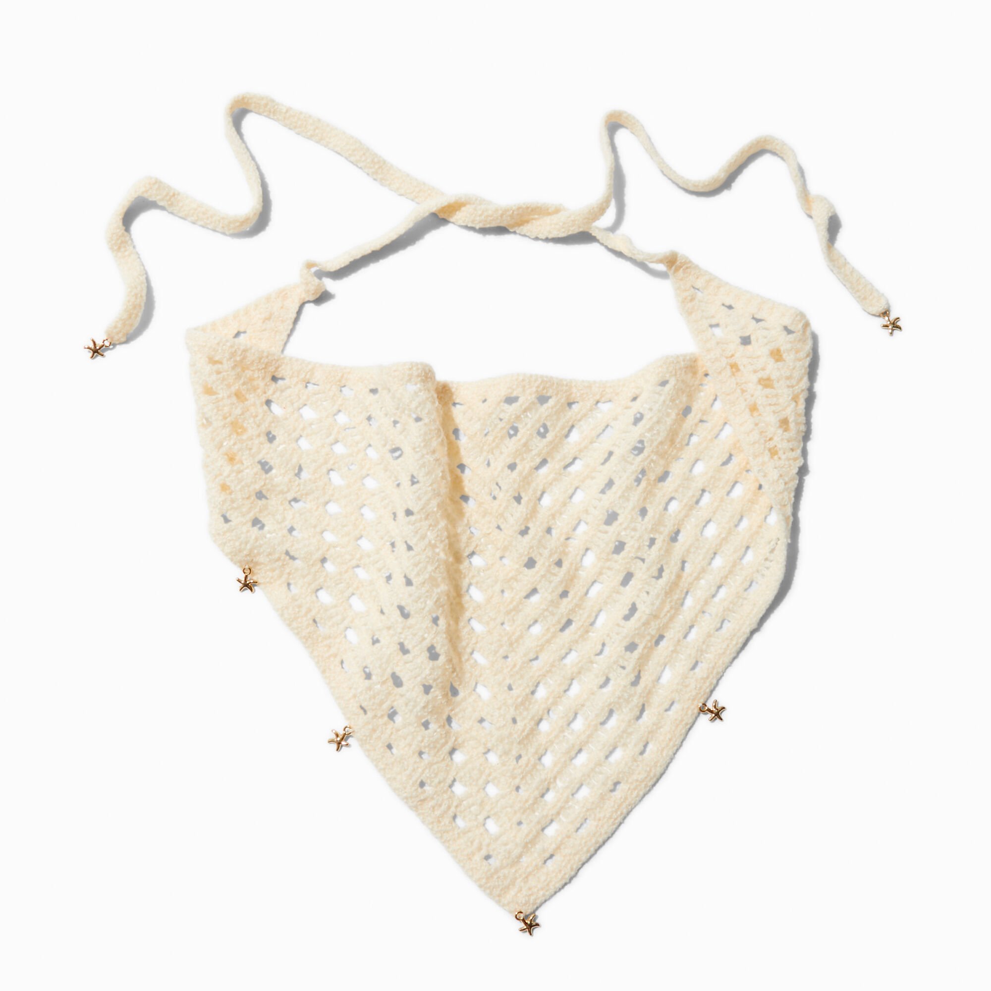 Gold-tone Starfish Charms Cream Crochet Headscarf,