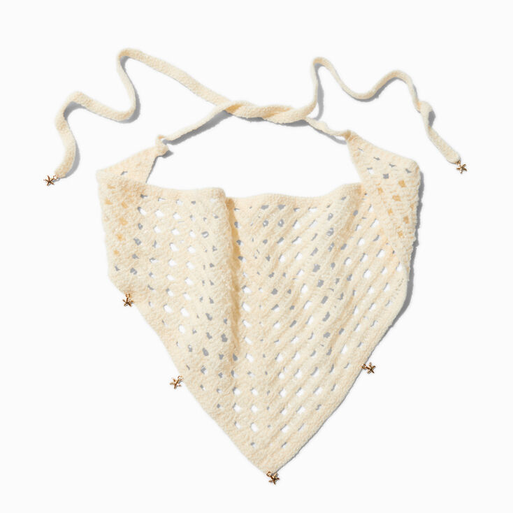 Gold-tone Starfish Charms Cream Crochet Headscarf,