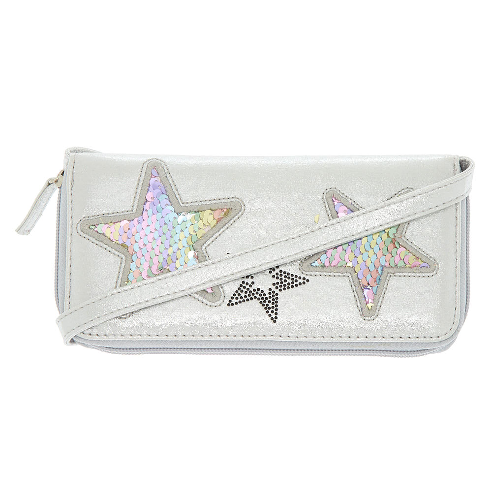 Portefeuille à bandoulière couleur argenté étoile arc-en-ciel avec sequins réversibles,